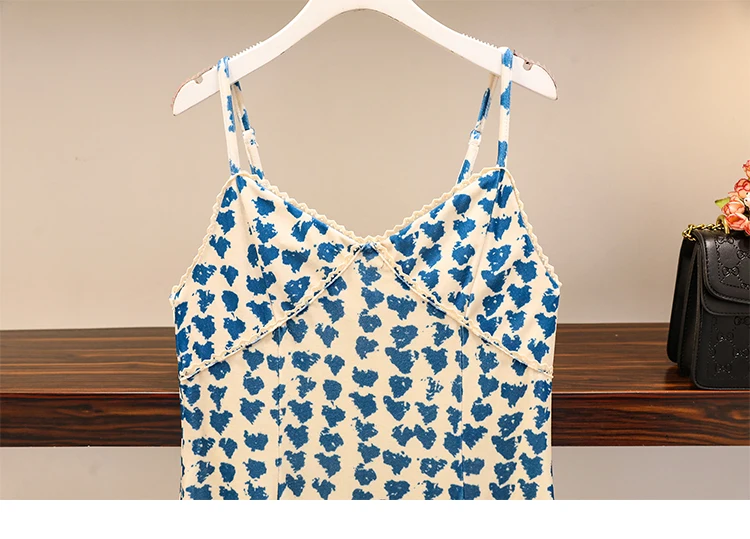 

2020 Autumn 2 Piece Set Women Pullover Puff Sleeve Lace Based Tops Velvet Floral Printed Blue Tank Dress Sweet Korean Dress Sets
