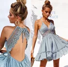 2021 женское богемное Летнее мини-платье с низким вырезом на спине Тонкий полые кружева сладкие короткие пикантные ремень с v-образным вырезом с высокой талией вечерние платье для отдыха