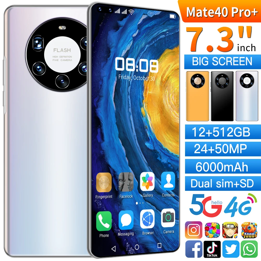

Highly Recommended 7.3 Inch HD Screen Mate40 Pro 6000mAh Cellphone Face ID 5G SmartphoneSnapdragon888 24MP 48MP 12GB 512GB