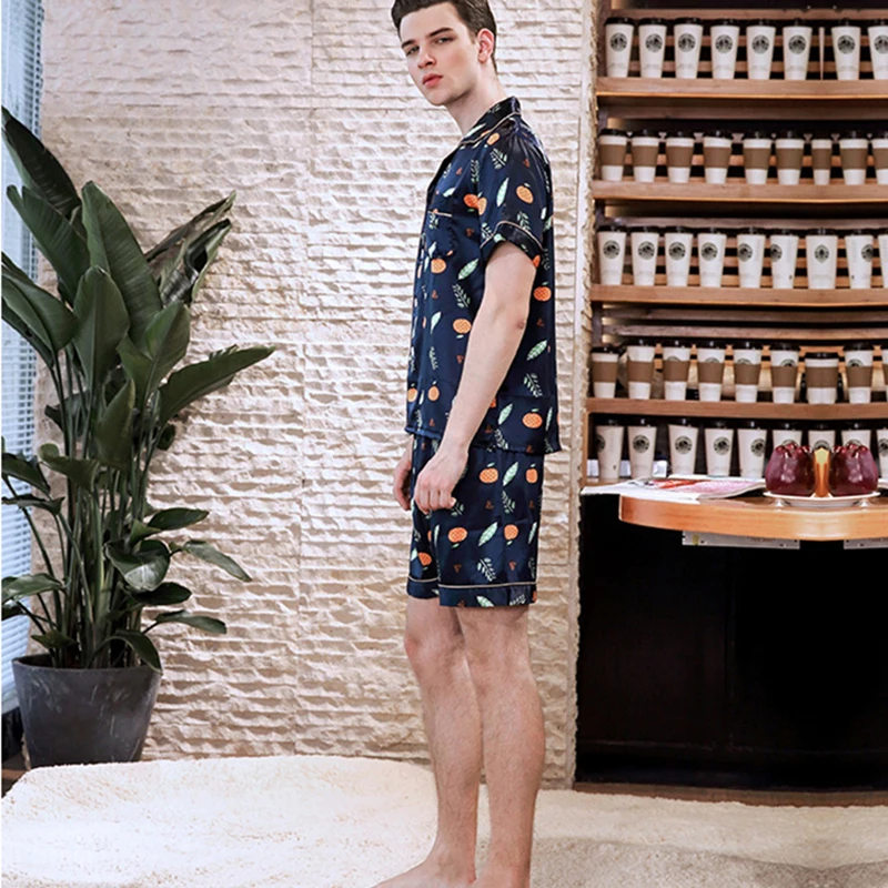 

Men's Faux Silk Satin Pajamas Short Sleeve Set Sleepwear Loungewear Print All Seasons Lightweight Dakr Blue Male Home Clothes