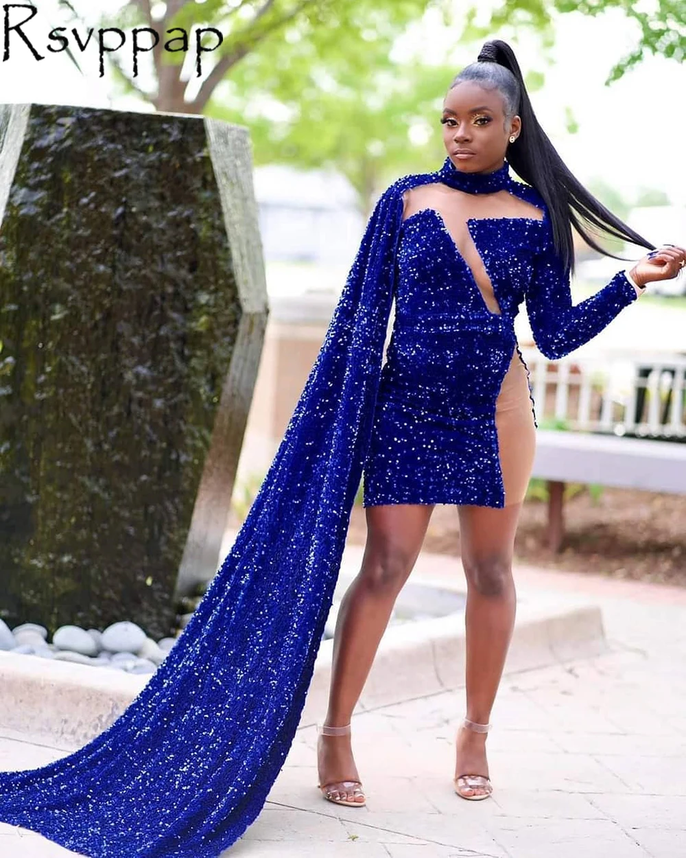 

Женское короткое платье с блестками, синее платье для выпускного вечера, с высоким воротником и одним рукавом, 2022