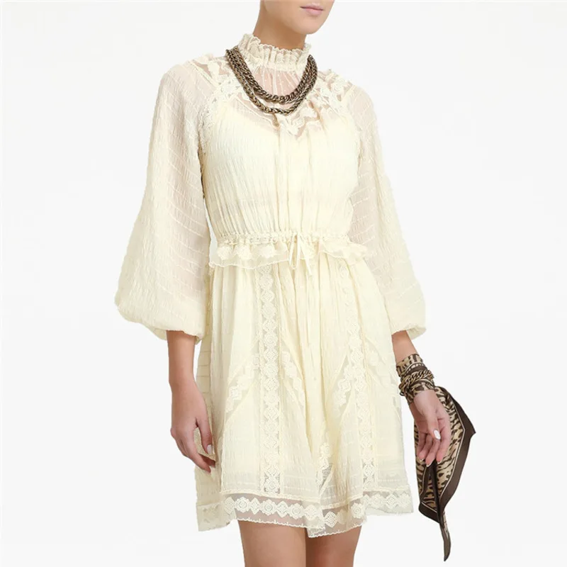 DEAT кружевное шифоновое платье со стоячим воротником и длинным рукавом с сеткой
