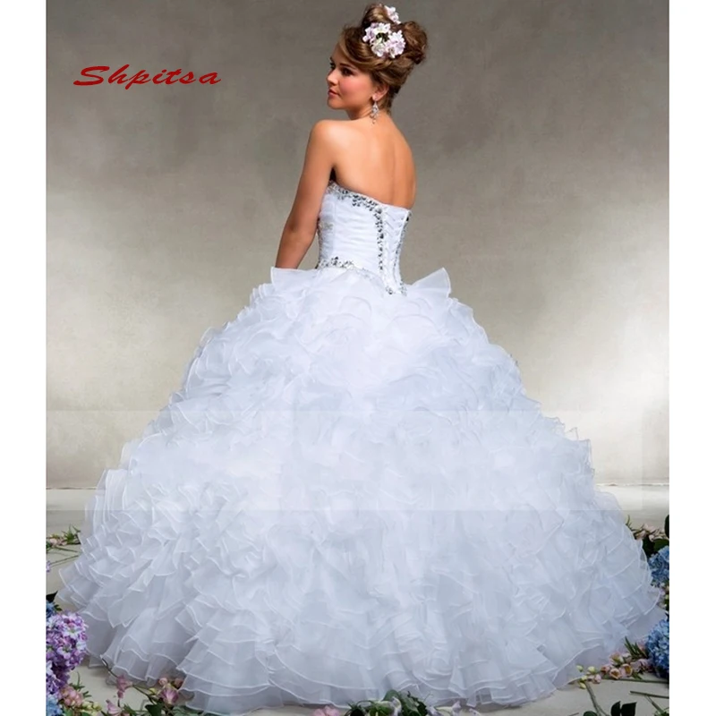 

White Elegant Puffy Quinceanera Dresses Sweet 16 Princess Organza Beaded Ball Gown Women Corset Long Prom Dresses for 15 Years