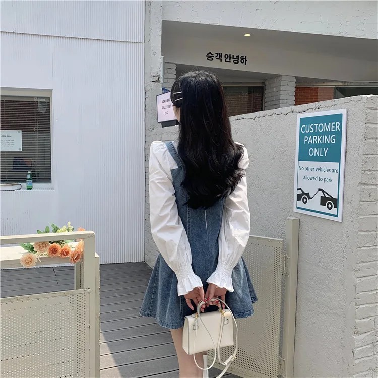 

Jeans Dress Spring Women Sweet Flare Sleeve Turn-down Collar Denim Dress Vintage Patchwork Fake Two Piece Overalls Dresses Femme