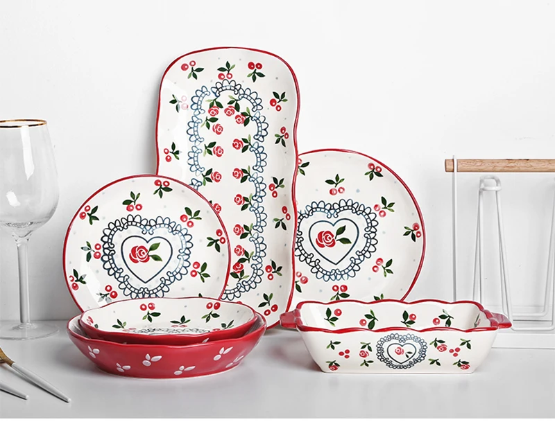 Cherry Ceramic Plate Salad Fruit Bowl Dessert Snack Japanese Dishes Rice Noodles Dinnerware Dish Flower Kitchen Plates | Дом и сад