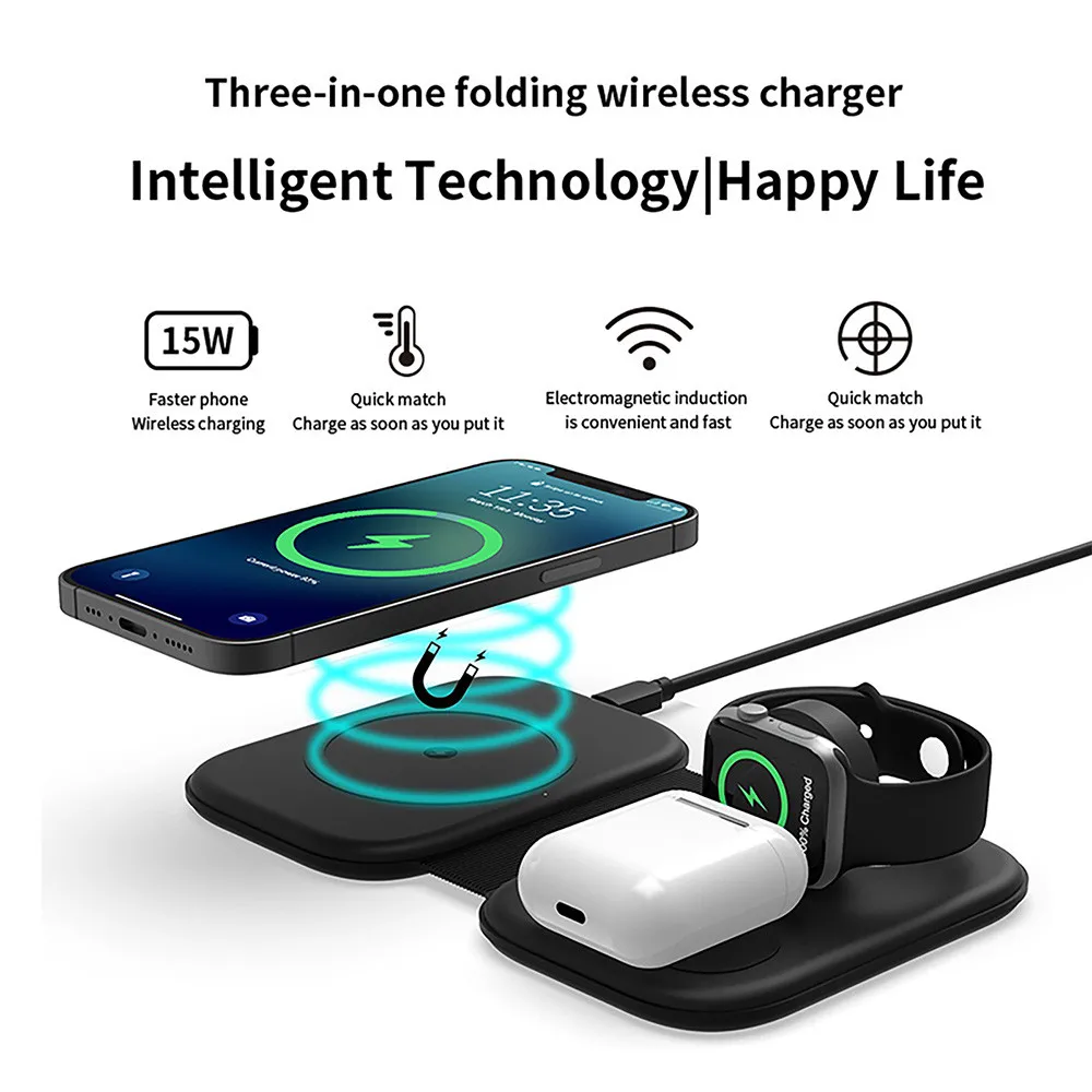

3 in 1 Magnetic Foldable Wireless Charger Qi Fast Charging Dock Station for iPhone 12 Pro Max Mini Apple Watch Airpods