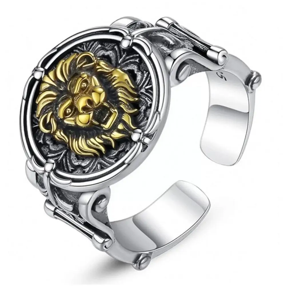 Регулируемое кольцо в ретро-стиле с рельефной резьбой виде короля льва |