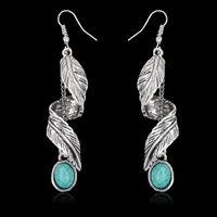 bohemian silver feather luxurys stone spiral hook earrings for women vintage coconut palm leaf drop earrings fashion jewelry