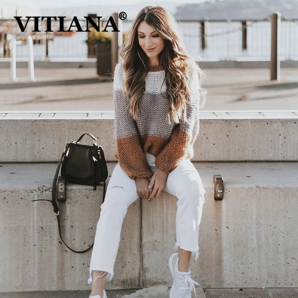 VITIANA Повседневный полосатый вязаный свитер для женщин 2019 осенние пуловеры с