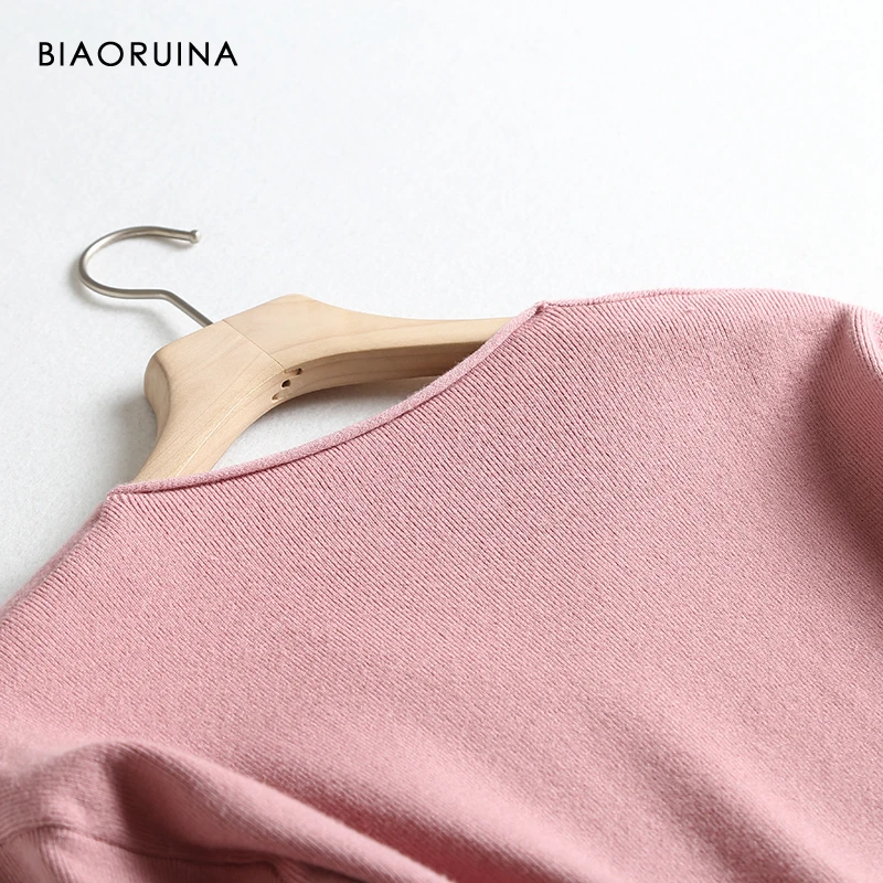 BIAORUINA, 4 цвета, Женский Повседневный базовый тонкий вязаный свитер, женский милый пуловер с v-образным вырезом и длинным рукавом, свободные свитера