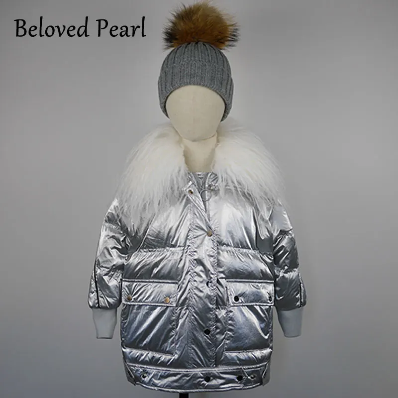

Winter Hooded Real Mongolian Lamb Fur Parka for Boys and Girls Toddlers Silver and Black 90 Down Jackets Outwear