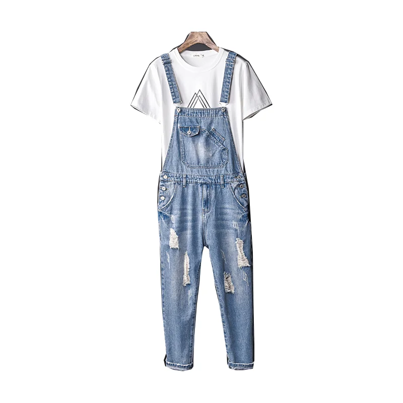 Fashion men's ripped denim overalls multi-pocket hip-hop jeans overalls casual pants