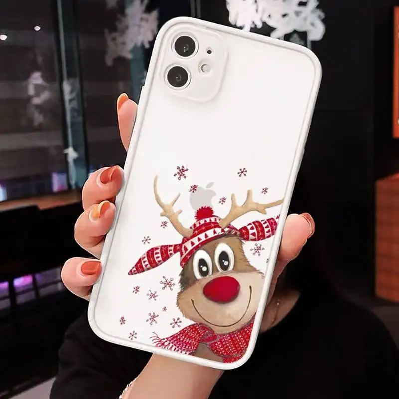 

Cute Christmas Elk Phone Case Matte transparent For White iPhone 12 Mini 11 Pro XR XS Max 7 8 Plus X Back Cover