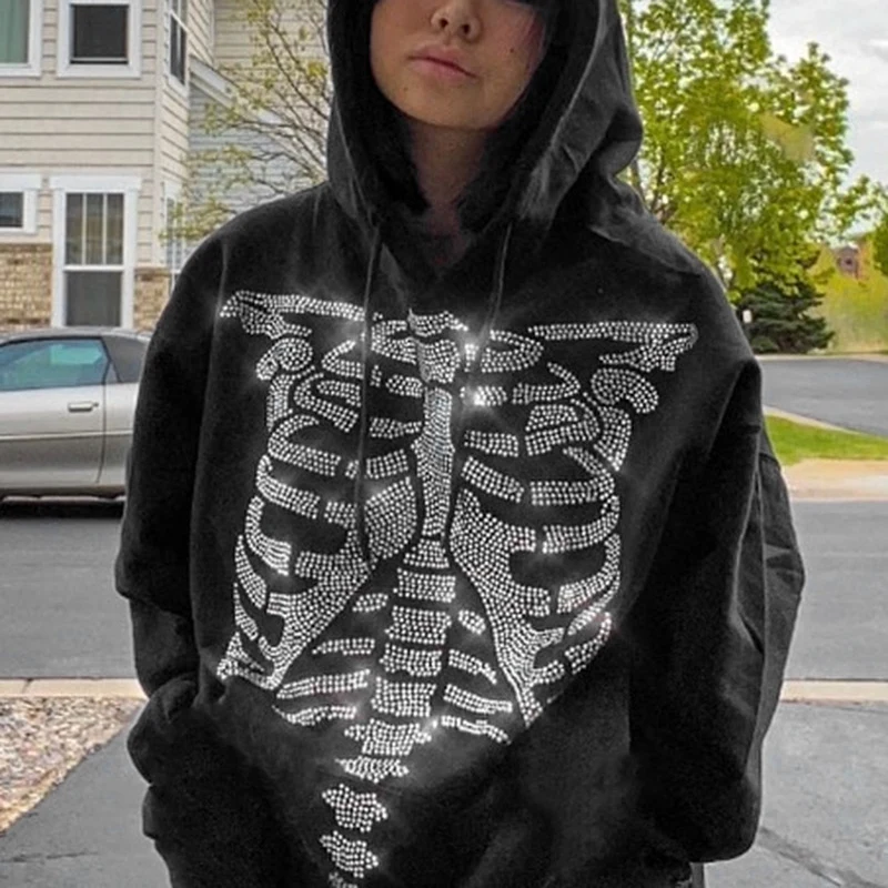 

Goth Hoodies Women Techwear Skulls Diamond Girl Y2K Pullovers Long Sleeve Casual Autumn Sweatshirts