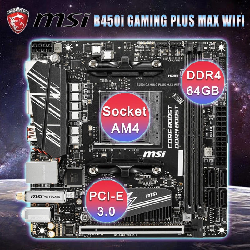 Günstig Buchse AM4 MSI B450I GAMING PLUS MAX WIFI Motherboard AMD B450 DDR4 64GB PCI-E 3,0 M.2 Desktop AMD B450 Placa-Mãe AM4 Mini-ITX