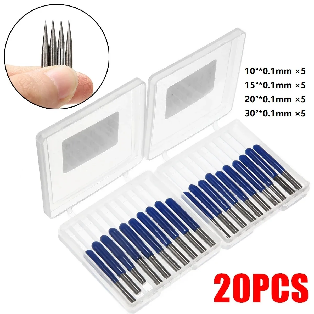 

Newly 20pcs Carbide PCB Engraving Bits Milling Cutter Tools 10°/15°/20°/30° × 0.1mm Milling Cutter Tools Accessories