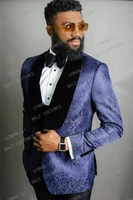 men wedding dress 2019 slim fit smoking navy blue jacquard tuxedo jacket groom formal suit mens 3 piece wedding best man suit
