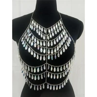 new fashion sexy women crystal sequins camis handmade patchwork metal chain sleeveless backless hollow out festival crop tops