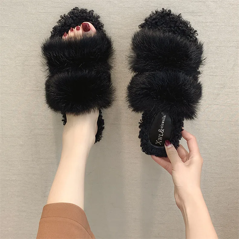 black1 Белые меховые тапочки; зимние плюшевые женские тапочки; удобные домашние тапочки; домашние тапочки высокого качества - Цвет: black1