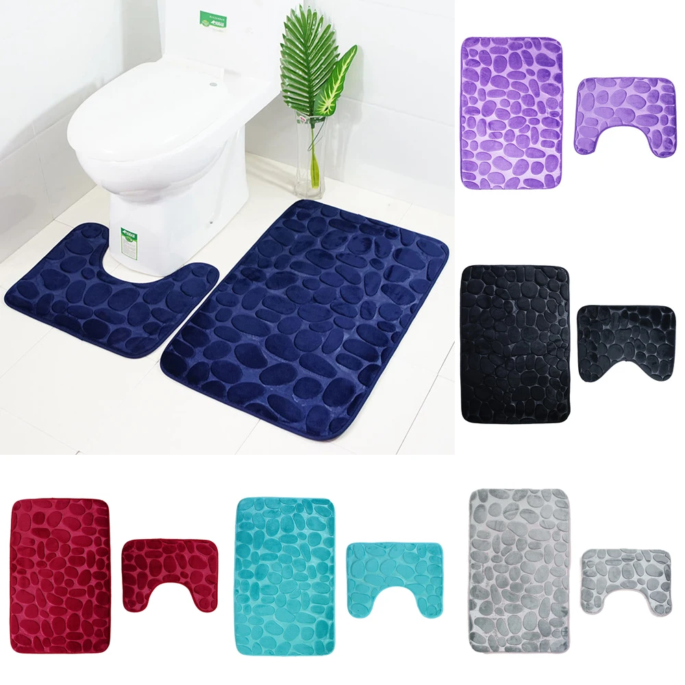 

Flannel Bathroom Mat Set Solid Color Non-slip Shower Pedestal Carpet + Water Absorbent U-shaped Toilet Rug Bathroom Products