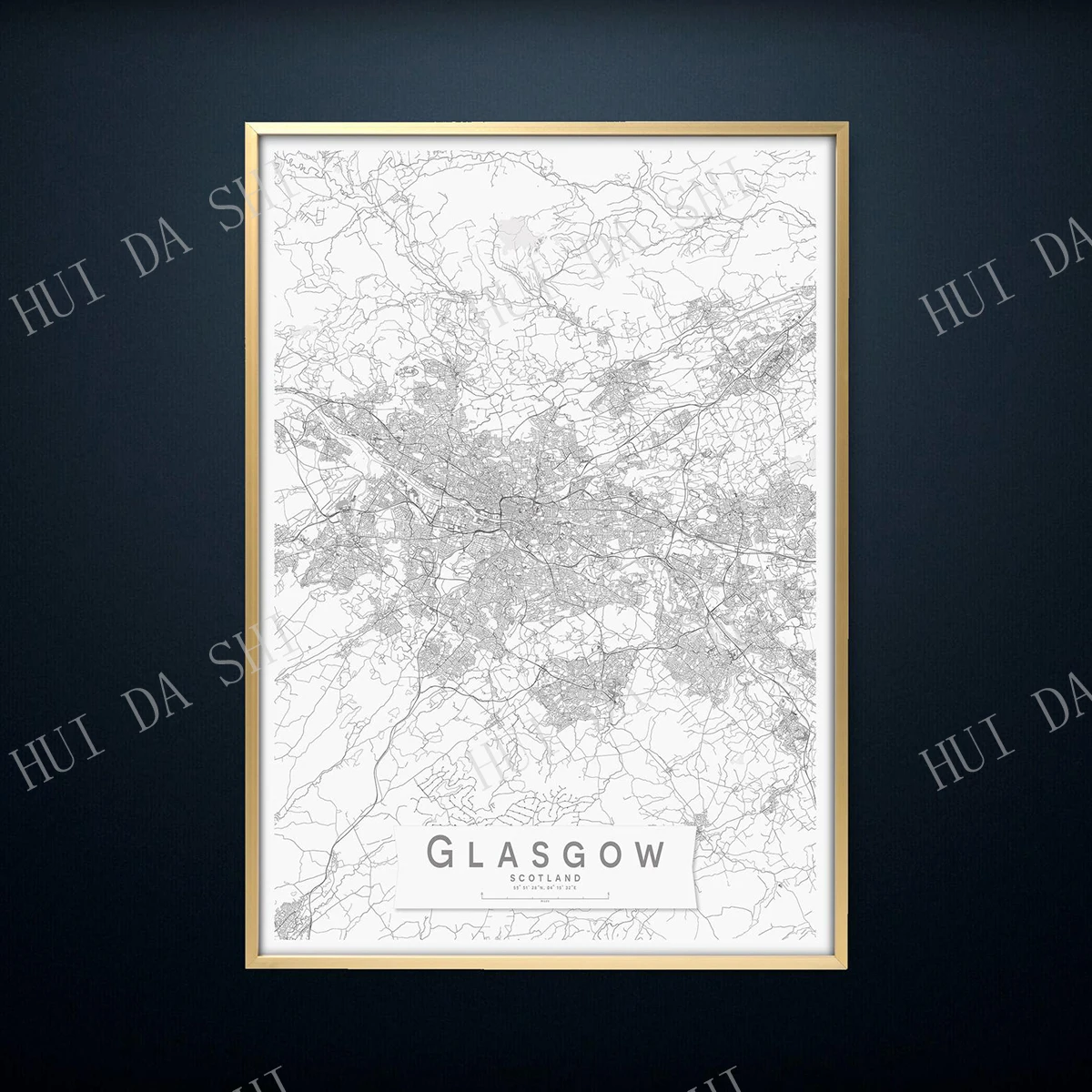 Принт с картой Глазго | Черно-белая карта Шотландии Моно-настенный