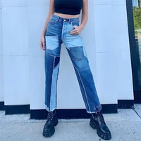irregular pockets patchwork high waist straight jeans women spring 2021 fashion all match two tone jeans lady vintage blue pants