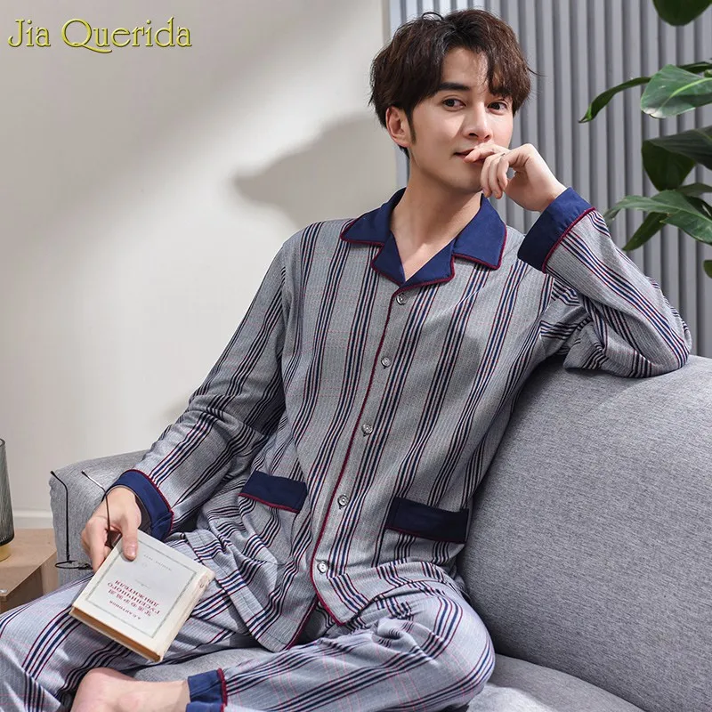Мужская пижама из 100% хлопка Высококачественная клетчатая с длинными рукавами и