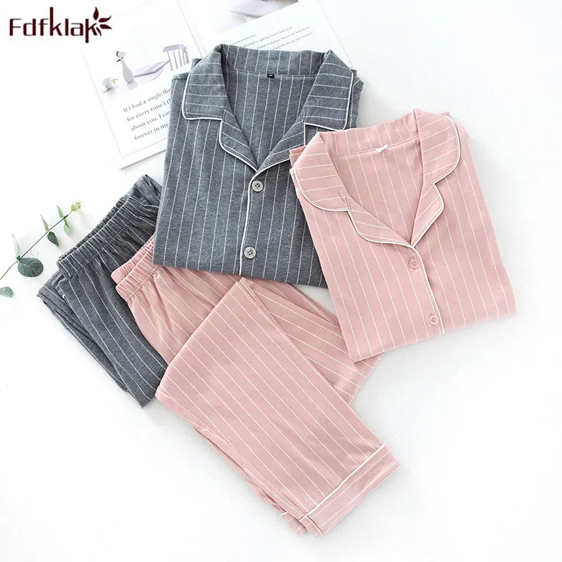 

Новинка, пижама для пары Fdfklak, Женский весенне-осенний хлопковый полосатый костюм с длинными рукавами, мужская Свободная Повседневная Домаш...