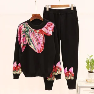 Женский комплект 2 шт. с цветочным узором и блестками; Вязаный свитер с длинными рукавами; Пуловер + Длинные повседневные штаны; Спортивный комплект; Спортивный костюм