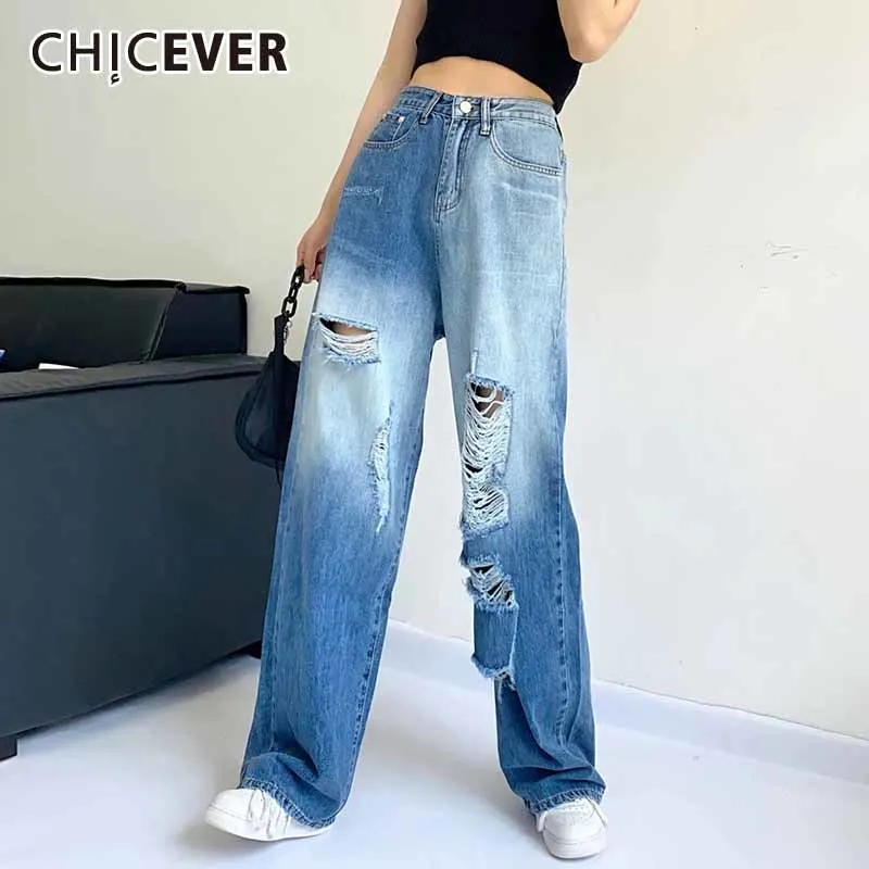 

Уличная одежда CHICEVER, свободные женские джинсовые брюки с цветными блоками, Длинные повседневные Прямые мешковатые джинсы с высокой талией, ...