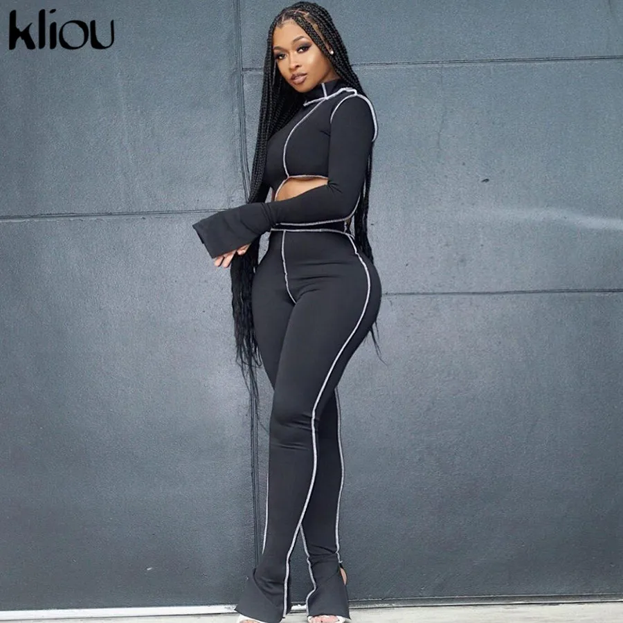 

Kliou one shoulder solid 2 piece outfits flare sleeve asymmetry tops+sporty legging matching sets skinny female streetwear