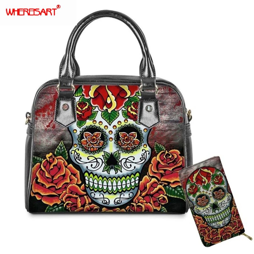 

WHEREISART Gothic Bag for Woman Sugar Skull Ladies Luxury Handbag Woman Designer Shoulder Females Bags Crossbody Bag for Women