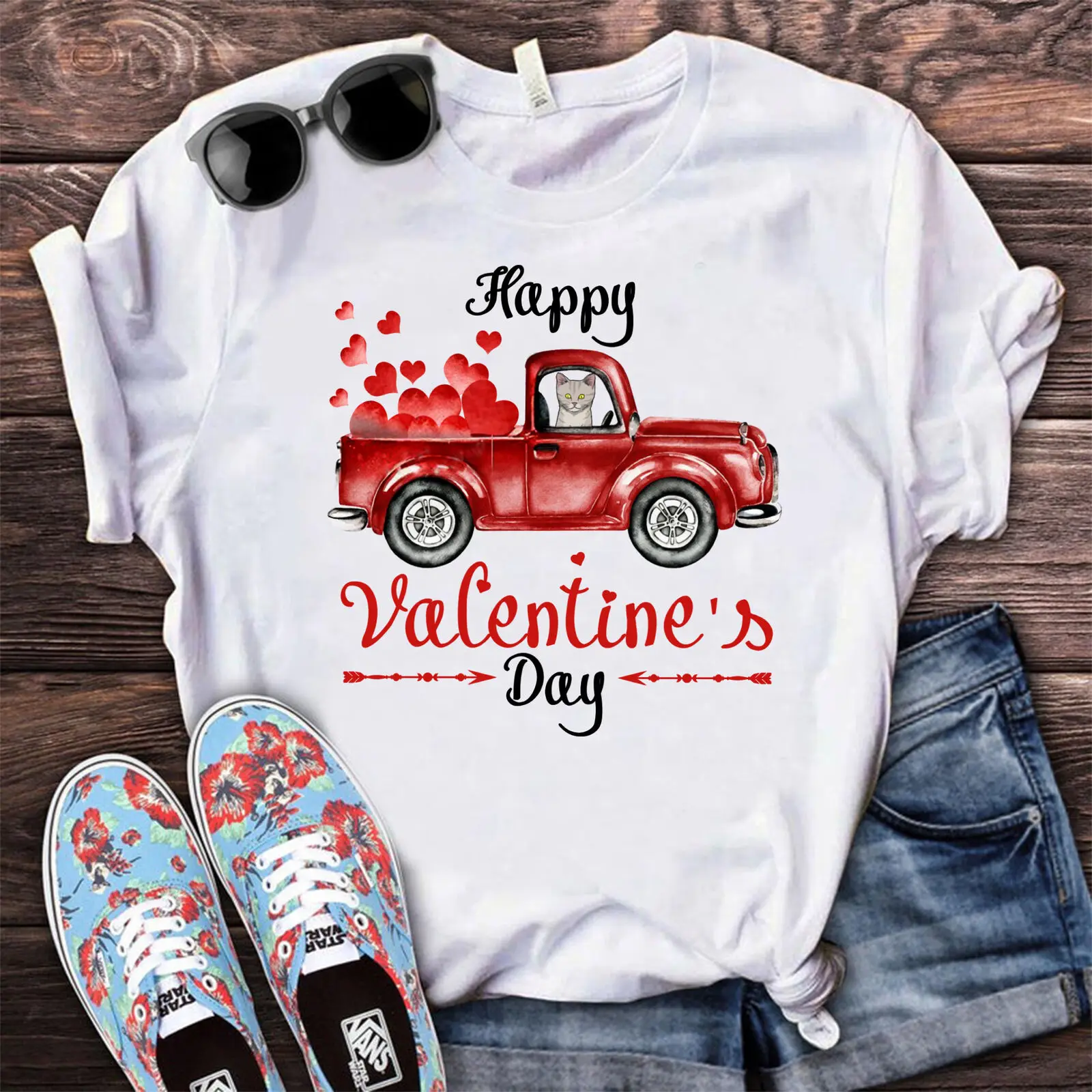 

Happy Valentine's Day Cat Red Truck Gift For Her Women T Shirt S-5XL White