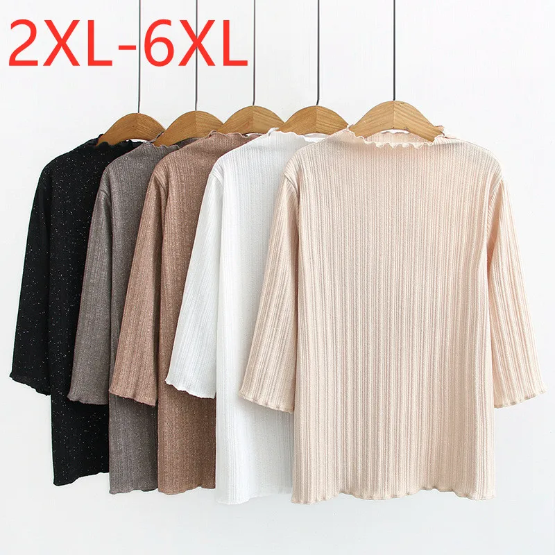 

New 2021 Ladies Spring Autumn Plus Size Basic Tops For Women Large Half Sleeve Loose Beige White Sequins T-Shirt 3XL 4XL 5XL 6XL