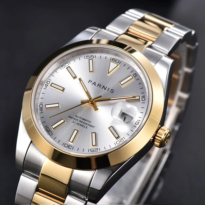 Casual Parnis White Dial Automatic Men's Watches Calendar Gold Silver Strap Mechanical Men Watch zegarek meski top luxury brand |