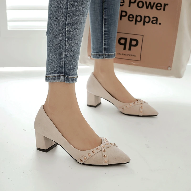 

FEDONAS New Arrival Fashion Mature Concise Women Pointe Toe Thick Heel Rivet Decoration Spring Party Wedding Shallow Shoes Woman