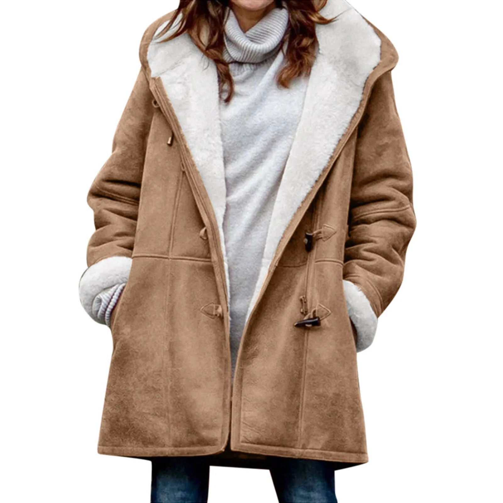Women's Winter Warm Coats Comfortable Lightweight Hooded Thicken Long Jackets With Horn Button