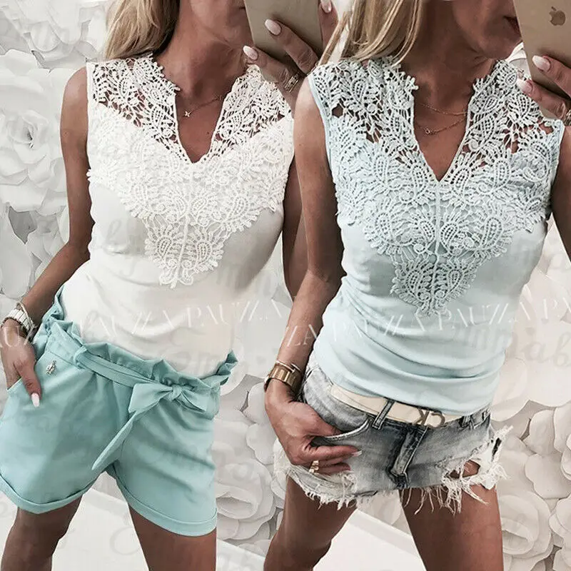 

2020 Women's Summer Lace Blouse Casual Tank Vest Top Sleeveless Tops Regular Solid V Neck Patchwork Shirts Hot