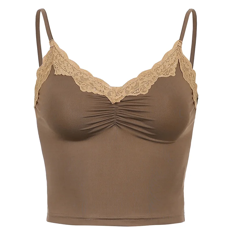 

Street sexy retro style lace stitching top milk silk one-word neck suspender vest