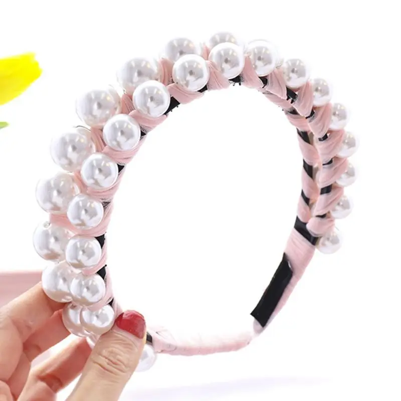 

Korean Women Sweet Headband Double Row Imitation Pearl Lace Winding Hair Hoop Candy Color Jewelry Wedding Party Bandana