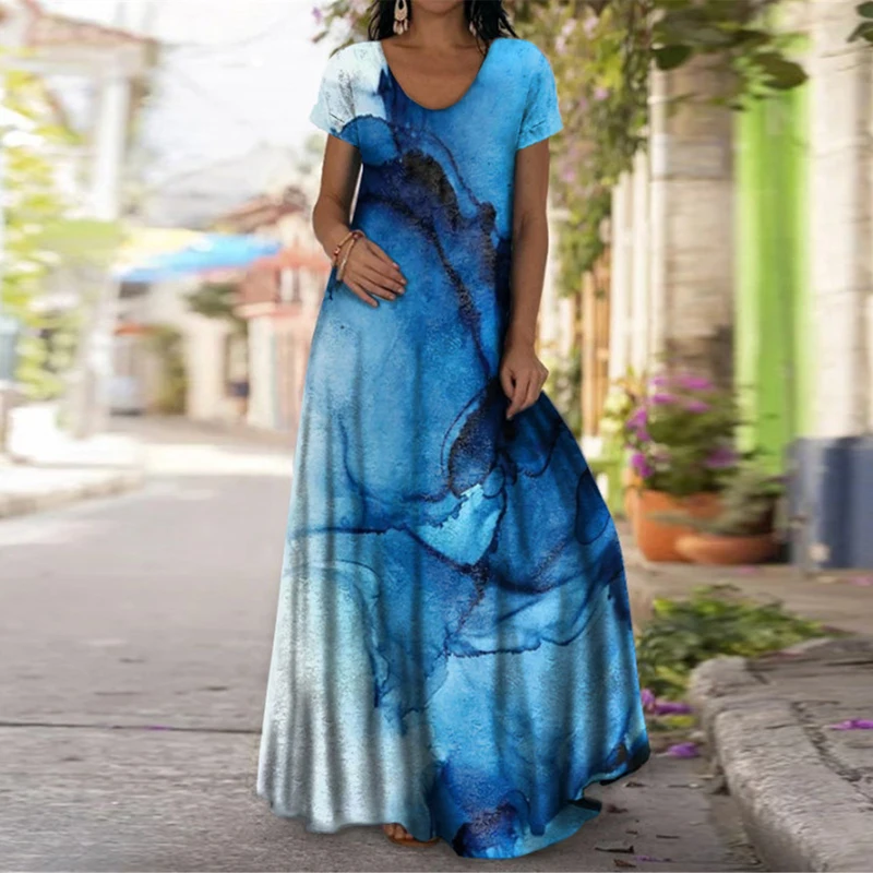 Платье женское длинное с цветочным принтом свободный пляжный сарафан V-образным