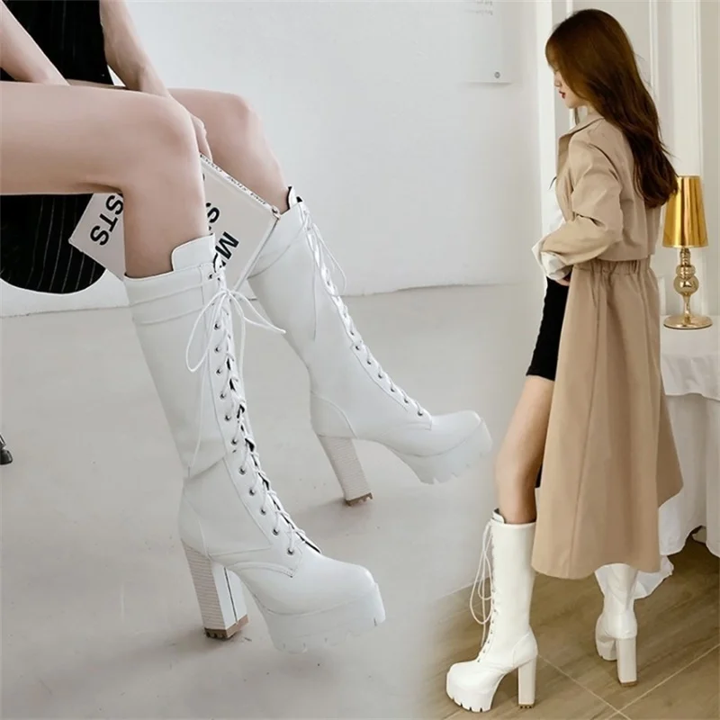 

comfortable 2021 new high knee length boots heeled shoes thick heel Knight boots lace up boots sweet boots