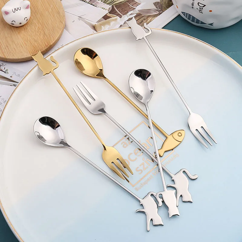 

Creative Stainless Steel 304 Cat Spoons Cute Fish Coffee Spoon Dessert Shop Cake Fork Gold Plated Stirring Spoons Coffee Spoon