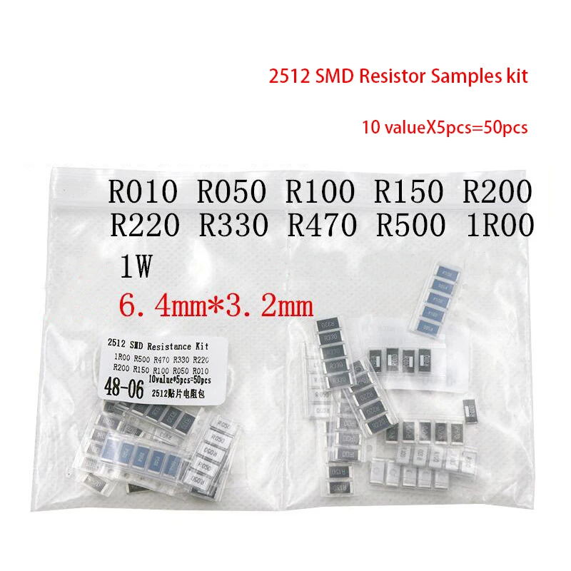 50 шт. 1% 2512 SMD комплект образцов резистора 10 стоимостей 5 = 1R00 R500 R470 R330 R220 R200 R150 R100 R050