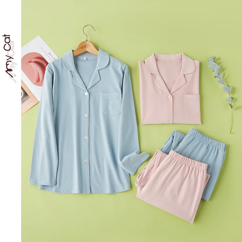 

2020 Новинка осени простой вязаный хлопок пижама с карманами, с длинным рукавом, с отворотом, спортивного покроя, тонкая куртка, женская одежд...