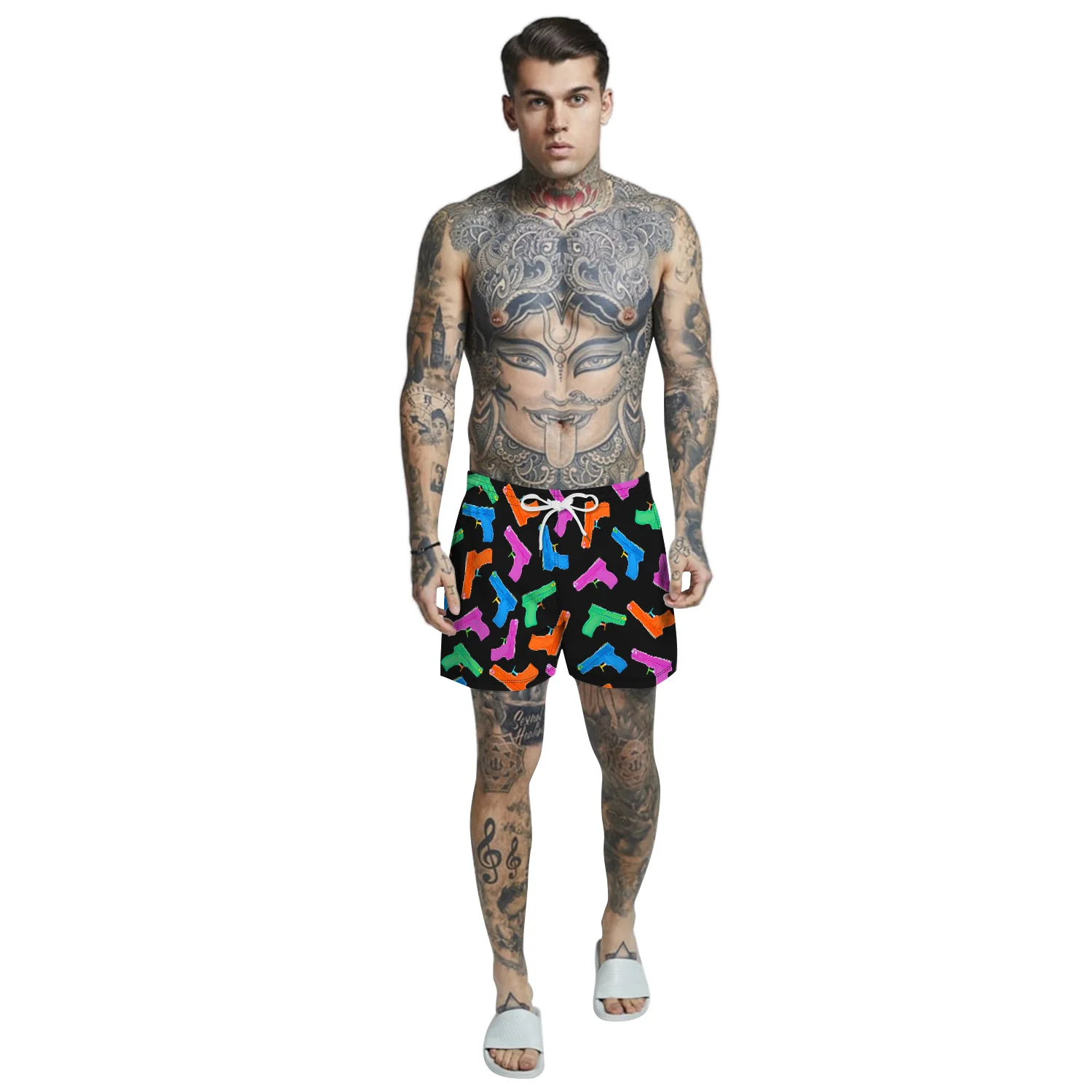 

Men's Casual Board Shorts Summer Cartoons Gun 3D Digital Printing Vacation Beach Drawstring Shorts Surfing Swim Trunks