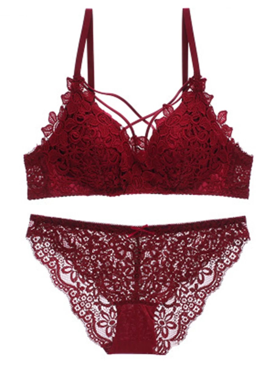 

SALE Bra Sets Hollow Temptation Sexy Lace Embroidery Triangle Cup Women Bra Set Comfortable No Steel Ring Underwear Bra+Panties