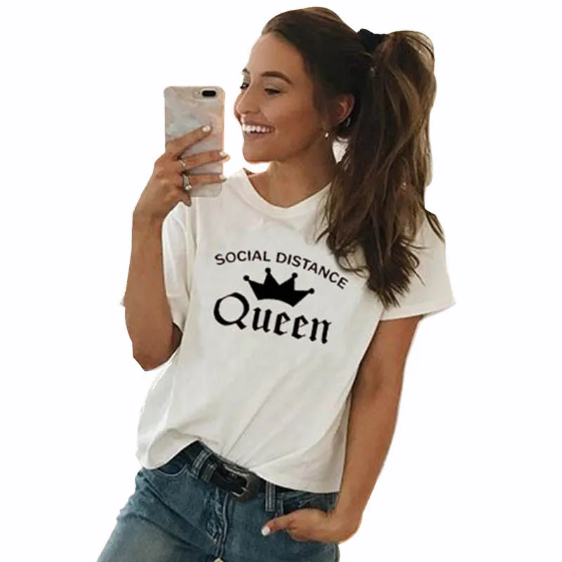 

Футболка женская с коротким рукавом, повседневный Свободный Топ с круглым вырезом, с принтом, Королевская корона, белая рубашка для девушек,...