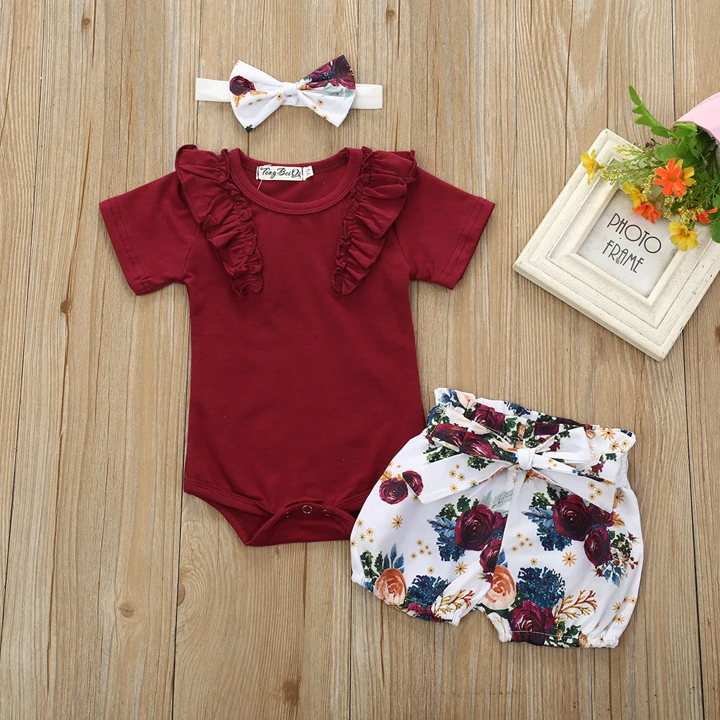 

TELOTUNY clothing sets 3Pcs Baby Girls Infant Solid Short Sleeve Ruffles Romper Jumpsuit Bowknot Floral Shorts Headband Outfits