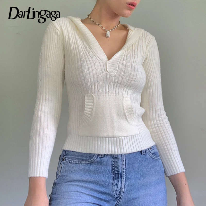 

Darlingaga Casual White Hooded Knitted Women Sweaters Solid Basic Twisted Autumn Pullover Tops Front Pocket Cute Sweater Clothes